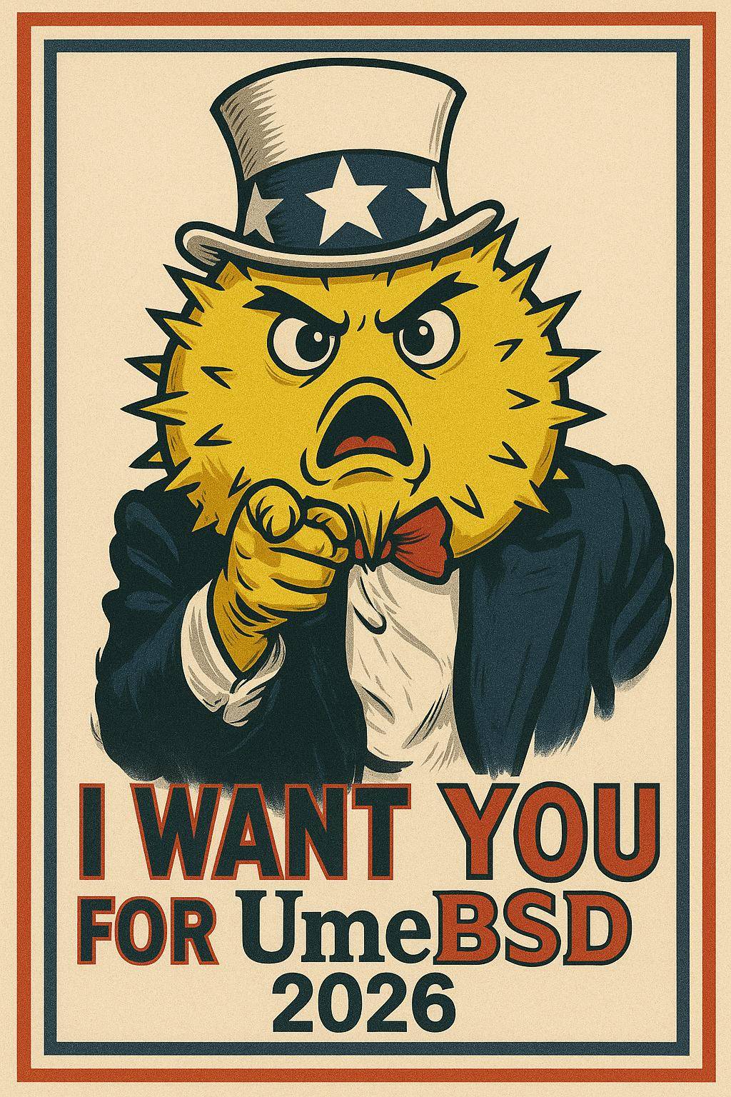 OpenBSD's mascot Puffy pointing at the reader and saying "I want youfor UmeBSD 2026"